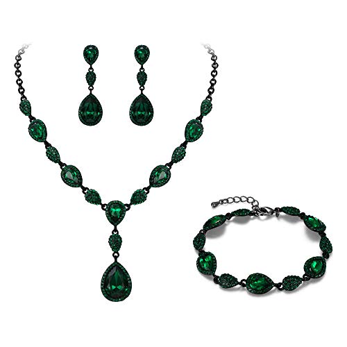 EleQueen Women's Wedding Bridal Jewelry Sets for Brides Bridesmaids, Cubic Zirconia Teardrop Necklace Tennis Bracelet Dangle Earrings Jewellery Set - color: 11-Emerald Color Black-Tone
