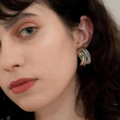 Mytys Two Tone Huggie Hoop Earrings Cross Over Design Twisted Rope Silver Gold Statement Wide Band Clip On Hoops for Women Fashion Jewelry Gift - color: Gold & Silver