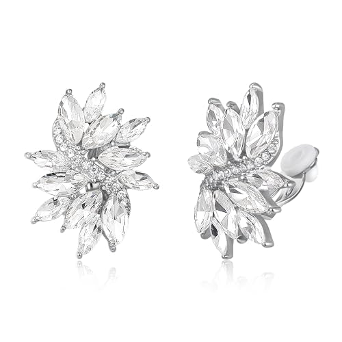 EVER FAITH Sparkly Rhinestone Clip-on Earrings for Women Bride, Fashion Marquise Crystal Cluster Wedding Bridal Stud Earring for Prom Formal Party - color: Clear Silver-Tone
