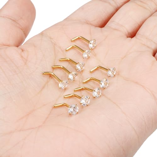 Cisyozi 18G Nose Rings Studs Hypoallergenic Nose Piercings 316L Surgical Steel Silver Nose Rings Set L Shaped Nose Nostril Piercing Jewelry for Women Men Diamond CZ 1.5mm 2mm 2.5mm 3mm 3.5mm 4mm - color: 18G - Gold- CZ 4mm