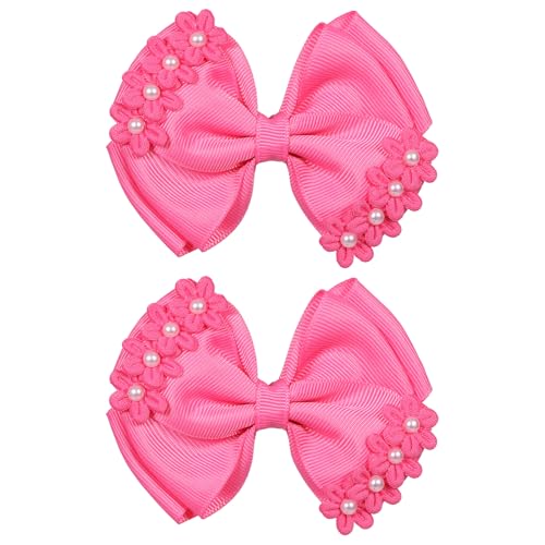 Hot Pink Hair Bow Clips for Girls 4" Pearl Floral Grosgrain Ribbon Bow Alligator Barrettes for Kids Teen Toddler Women Wedding School Birthday Dress Decor Accessory Valentines Gift - color: Hot Pink