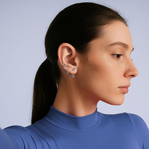 3 Pairs Dainty Small Earrings Set for Women Trendy, Birthstone Stud Huggie Hoop Jacket Stack for Cartilage Helix, Gold Plated Hypoallergenic Cute Women Fashion Accessories Western Jewelry Gifts - color: 12Blue Created Topaz-Dec (Gold)