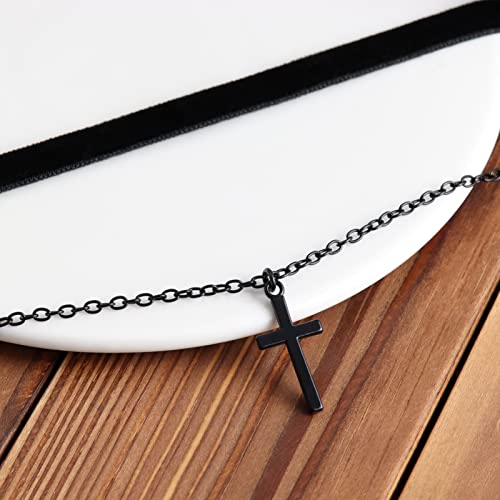 Gothic Layered Necklace, Black Velvet Choker with Dark Pendant | Soft Velvet Choker, Black Pendant, Layered Chain, Dark Academia Aesthetic, Alt Fashin Jewelry, Goth Gift for Women - style: Black Cross