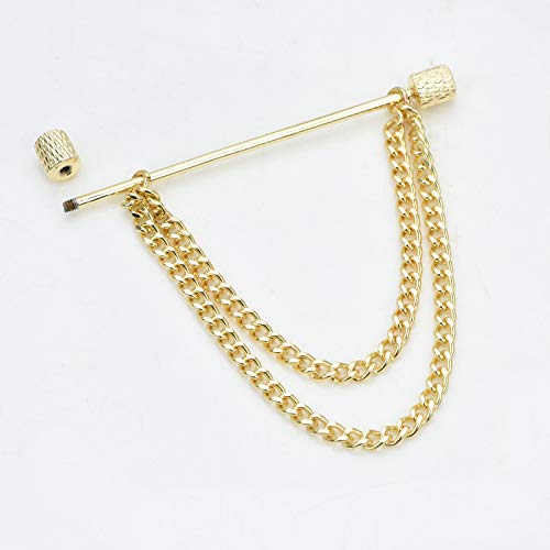 Men's Gold Plated Brass Collar Bar with Double Hanging Chain Tassel Shirt Tie Bar Collar Brooch - color: Gold Texture Cylinder Head