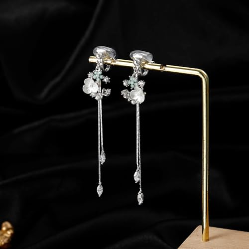 Awinesn Clip on Earrings Dangle Pearl Drop Clip Earrings for Women Trendy Dangle Chain Dainty Flower Wedding Earrings for Brides 14K Gold Plated Statement Non Pierced Earrings for Women Sparkly Jewelry - style: fugu-lanflower-s