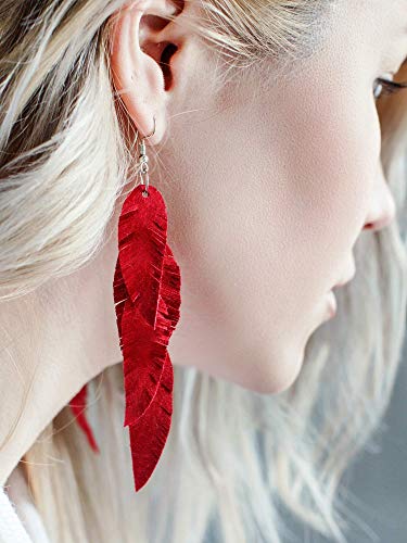 Leather Feather Earrings, Suede layered earrings, boho wedding jewelry, summer earrings, gift for her, dangle earrings - color: red