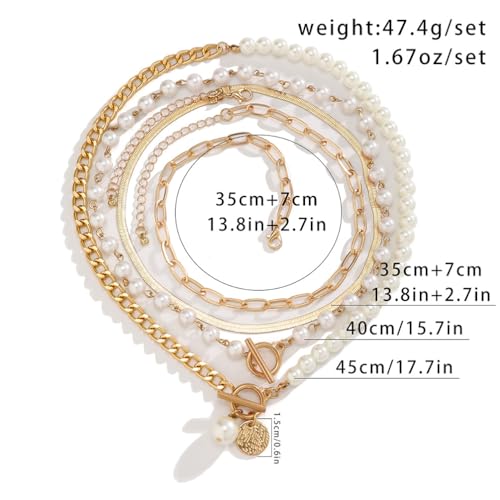 Gold Layered Paperclip OT Buckle Pearl Necklaces for Women Dainty, Vintage MultiLayer Coin Pearls Pendant Snake Chain Choker Necklaces Trendy Jewelry Gift