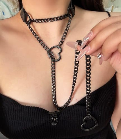 MIFYNN Heart O ring Slip Chain Necklaces for Women Stainless Steel Cuban Chain Bar Necklace Punk Rock Collar Necklace Handmade Adjustable Lariat Y Necklaces for Men - color: Black leather