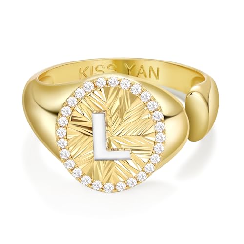 KissYan 14K Gold Plated Initial Ring for Women | Adjustable CZ Halo Letter Signet Ring, Personalized Monogram Statement Jewelry Gift, Tarnish Resistant - style: Letter L