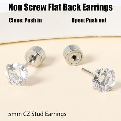 Threadless Flat Back Earrings, Hypoallergenic 14K Real Gold Plated CZ Stud Earrings | Cartilage Earring | Tragus Helix Piercing Jewelry | Push in Flatback Earrings for Women Men - color: Silver, size: 5 Millimeters