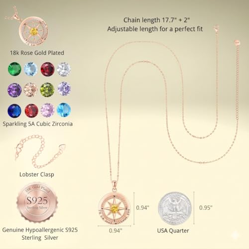 Compass Necklace for Women Wife Girlfriend Mom Daughter Gifts | S925 Silver Jewelry For Anniversary 18K Rose Gold Gifts For Birthday Christmas Mothers Valentines Day 12 Birthstones - style: 11-November-Rose Gold