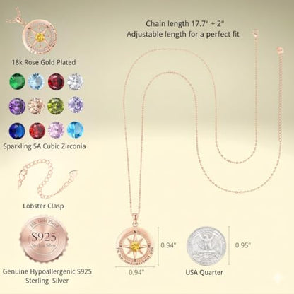 Compass Necklace for Women Wife Girlfriend Mom Daughter Gifts | S925 Silver Jewelry For Anniversary 18K Rose Gold Gifts For Birthday Christmas Mothers Valentines Day 12 Birthstones - style: 11-November-Rose Gold