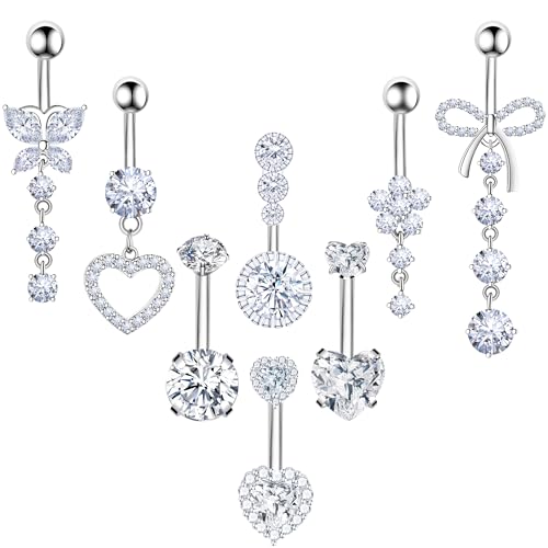 BSJ4U 8Pcs Gold Pink Silver Belly Button Ring Dangle Navel Belly Piercing Jewelry Cute CZ Butterfly Heart Flower Bow Navel Belly Rings for Women 14G Hypoallergenic Surgical Stainless Steel Dainty Dangling Dangly Belly Button Piercing Pack - color: Silver