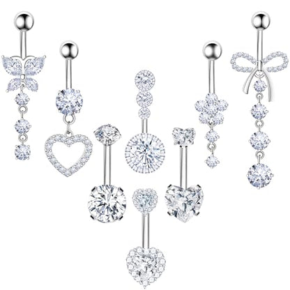 BSJ4U 8Pcs Gold Pink Silver Belly Button Ring Dangle Navel Belly Piercing Jewelry Cute CZ Butterfly Heart Flower Bow Navel Belly Rings for Women 14G Hypoallergenic Surgical Stainless Steel Dainty Dangling Dangly Belly Button Piercing Pack - color: Silver