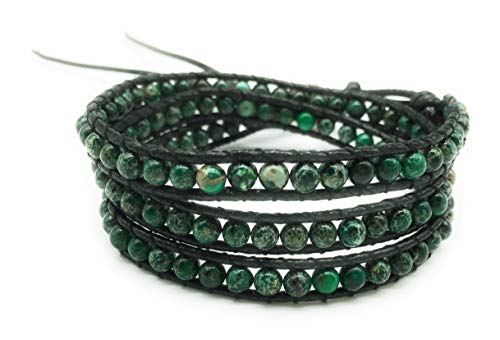 Handmade Alloy Leather Natural Stone Bead Statement Bracelet Bangle Cuff Rope 3 Wrap Adjustable Jewelry Collection - color: Dark Green Sea Sediment Jasper & Black Leather Cord