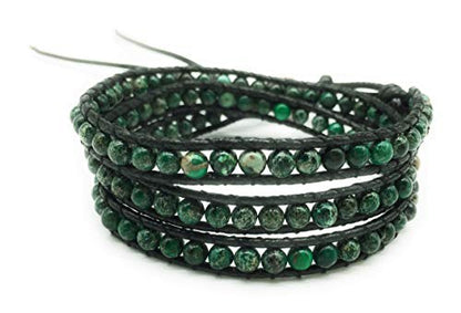 Handmade Alloy Leather Natural Stone Bead Statement Bracelet Bangle Cuff Rope 3 Wrap Adjustable Jewelry Collection - color: Dark Green Sea Sediment Jasper & Black Leather Cord
