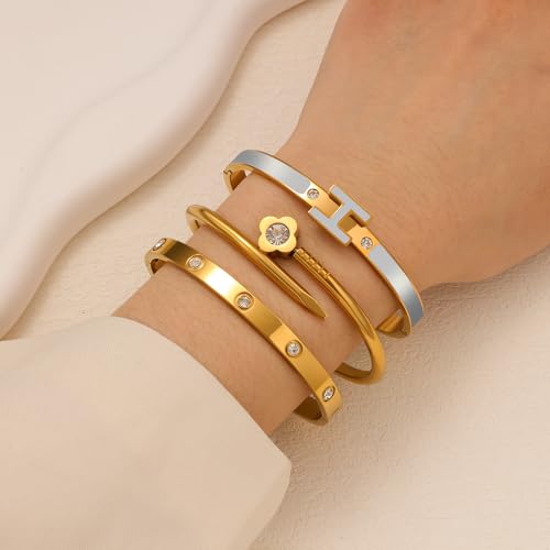 3Pcs Gold Bracelets for Women 14K Gold Plated Love/H/Nail Bangle Bracelet Dainty Non Tarnish Bracelet Jewelry Christmas Mothers Day Gifts for Women - color: 3Pcs Gold/Grey H bracelet