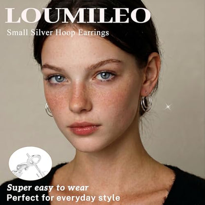 LOUMILEO 14k Gold Plated 925 Sterling Silver Post Double Hoop Earrings Hypoallergenic Lightweight Thin Large Hoop Earrings for Women 25/30/40/50/60mm - color: Silver-25mm