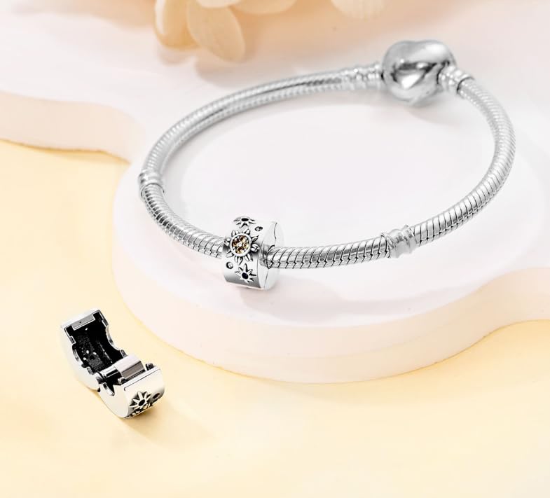 Heart Charm Clip Lock Spacer Stopper Charm Bead Bracelet 925 Sterling Silver Charms Safety Chain for Pandora Bracelets - color: Moon and Stars