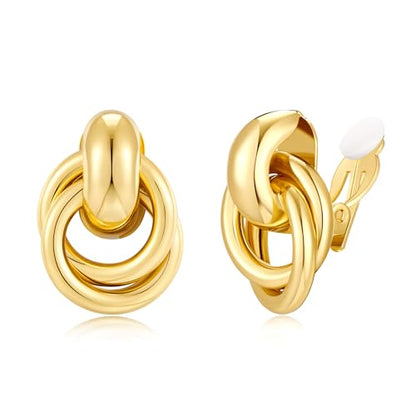 Gold Geometric Clip On Earrings for Women Chunky Gold Knot Link Clip Earrings Trendy Jewelry - color: Gold-E
