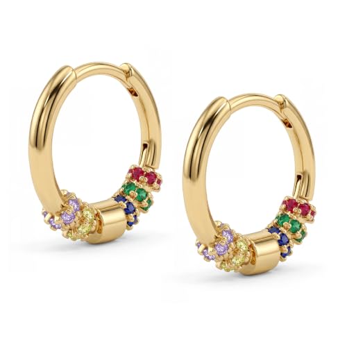 Dremmy Studios Dainty CZ Huggie Hoop Earrings 14K Gold Plated Chunky Simple Cute Thick Round Frill Bead Ball Starburst Cuff Earrings Cubic Zirconia Hoop Earrings Minimalist Personalized Gift for Her - color: Rainbow B