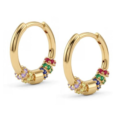Dremmy Studios Dainty CZ Huggie Hoop Earrings 14K Gold Plated Chunky Simple Cute Thick Round Frill Bead Ball Starburst Cuff Earrings Cubic Zirconia Hoop Earrings Minimalist Personalized Gift for Her - color: Rainbow B