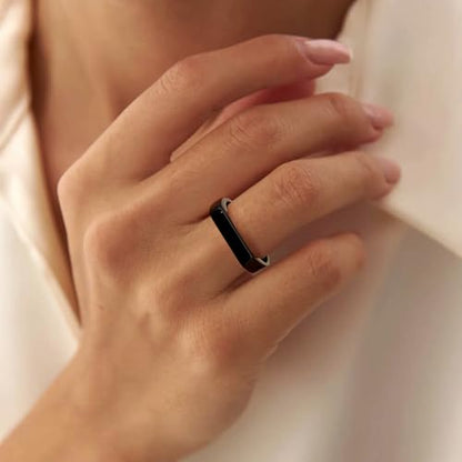 Stainless Steel Ring Square Shape Signet Style Classical Simple Dainty Wedding Engagement Statement Ring Black Silver Size 7-15 - color: Black Tone