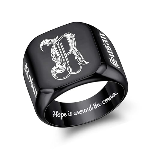 Custom Signet Ring for Men Personalized Initial Ring Custom Mens Rings Engraved Ring Customized Memorial Graduation Gifts for Father Husband Boyfriend Friends - color: Square Black