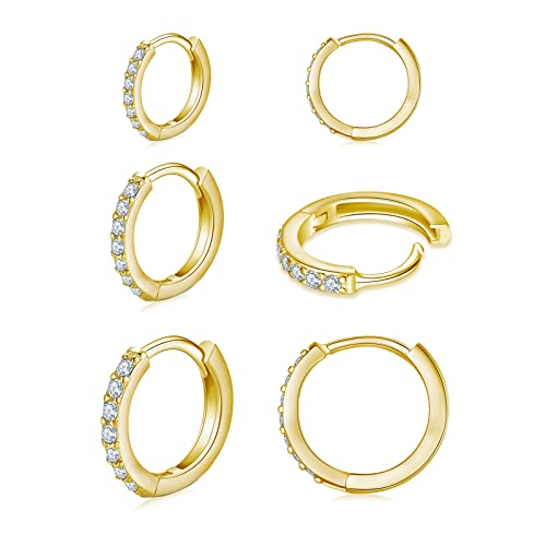 3 Pairs 925 Sterling Silver Small Hoop Earrings for Women Men | Cubic Zirconia, 14K White Gold Plated Huggie Hoop Earrings, Hypoallergenic - style: J-gold 6/8/10mm