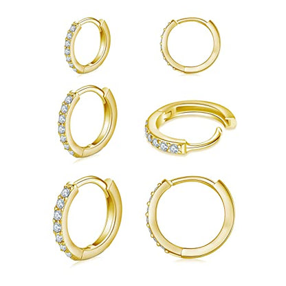 3 Pairs 925 Sterling Silver Small Hoop Earrings for Women Men | Cubic Zirconia, 14K White Gold Plated Huggie Hoop Earrings, Hypoallergenic - style: J-gold 6/8/10mm