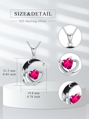 I Love You to the Moon and Back Necklace 925 Sterling Silver Black Crescent Moon Star Pendant with Heart Birthstone Necklace Anniversary Gothic Jewelry Gifts for Women Wife Lovers - color: 07-Jul-Ruby