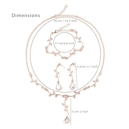 Hapibuy Crystal Bridal Wedding Jewelry Necklace Earrings Bracelet Set Rhinestone Choker Necklace For Brides Bridesmaid Women Party Acessory - color: Rose Gold