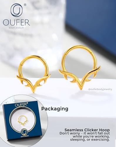 OUFER 16g Septum Rings, Blade Wings Septum Jewelry, V Shape Hinged Segment Clicker, Hypoallergenic Surgical Steel Nose Rings Hoops, Helix Daith Tragus Conch Piercing Jewelry for Women Men Silver/Gold - color: Gold