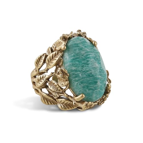HZMAN Natural Turquoise Open Ring, Vintage Palace Style Adjustable Antique Brass Chunky Statement Ring, Handmade Jewelry for Women - color: Natural Leaf Green Stone