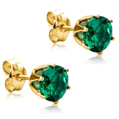 Orovi Round 14K Gold Earrings for Women in Solid 14K White Gold 585/14K Yellow Gold 585 with Ruby/Sapphire/Zirconia/Emerald Gemstones, Stud Earrings For Women,Women's Jewelry Delivered in Jewelry Box - color: 14K Yellow Gold/ Emerald
