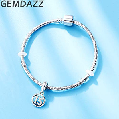 5,10,15,16,17,18,20,21,25,30,35,40,42,49,50,55,60,65,70 Number Charms for European Bracelet, 925 Sterling Silver Birthday Pendant Beads with CZ, Gifts for Mothers Day/Anniversary - color: 15 Birthday Anniversary Charm
