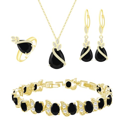 GZWHD Jewelry Set for Women CZ Earrings Necklace Ring Bracelet Set Prom Party Wedding Jewelry Gift for Mother Friend Wife - color: A-Gold-Black