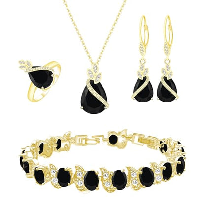 GZWHD Jewelry Set for Women CZ Earrings Necklace Ring Bracelet Set Prom Party Wedding Jewelry Gift for Mother Friend Wife - color: A-Gold-Black