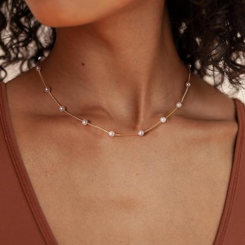 Pearl Necklace for Women, Dainty Pearls Choker Necklace for Women 14K Gold Plated Layered Pendant Necklace Handmade Gold Chain Necklace Everyday Jewelry Gift - color: Satellite Pearl-Gold