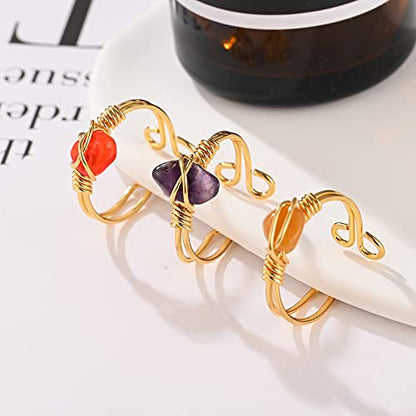 9 PCS Healing Crystal Ring, Adjustable Wire Wrapped Rings Irregular Gemstone Rings Set for Women - color: Gold-Style B