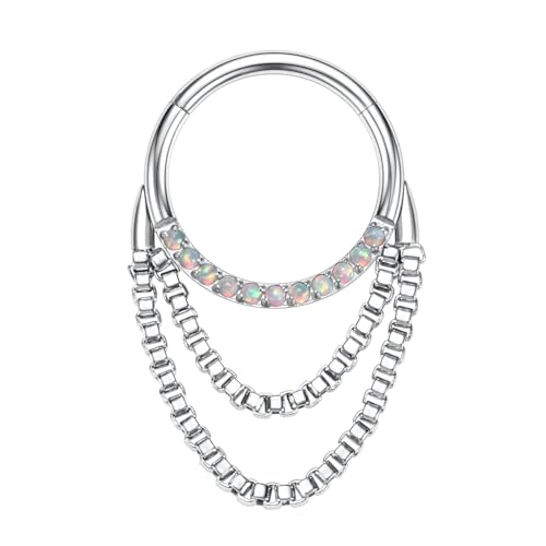 AROWRO Chain Septum Rings 316L Surgical Steel Septum Clicker Daith Piercing Jewelry Dangle Nose Rings for Women 16G 8/10mm Conch Cartilage Hoop Seamless Hinged Septum Jewelry with Clear CZ/Opal - color: Style-2-Silver double chains&Opal, size: 16G-8mm
