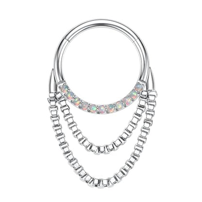 AROWRO Chain Septum Rings 316L Surgical Steel Septum Clicker Daith Piercing Jewelry Dangle Nose Rings for Women 16G 8/10mm Conch Cartilage Hoop Seamless Hinged Septum Jewelry with Clear CZ/Opal - color: Style-2-Silver double chains&Opal, size: 16G-8mm