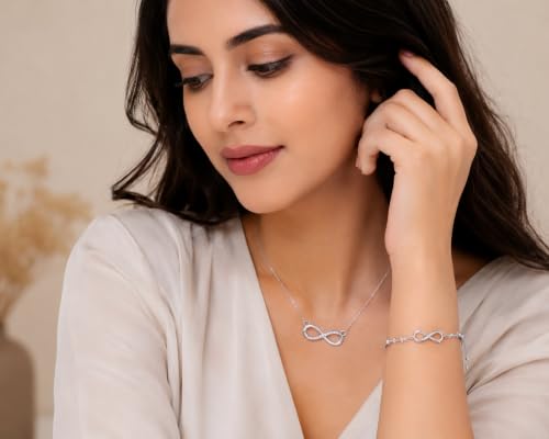 Nilu's Collection Silver Infinity Necklace & Adjustable Bracelet Set for Women