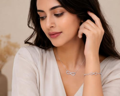Nilu's Collection Silver Infinity Necklace & Adjustable Bracelet Set for Women