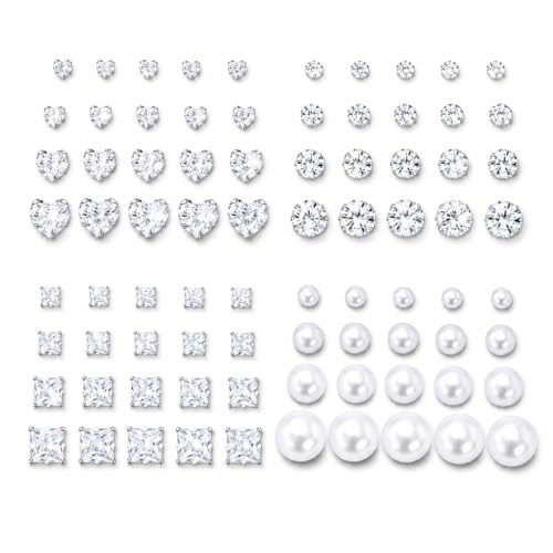 KISS WIFE CZ Stud Earrings Set for Women, Cubic Zirconia Stud Earrings in Multiple Sizes, Triangle Oval Heart Round Pearl Square Earrings, Hypoallergenic Silver Stud Earrings for Cartilage Piercing Jewelry - style: Heart+Round+Square+Pearl