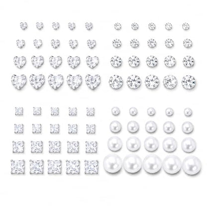 KISS WIFE CZ Stud Earrings Set for Women, Cubic Zirconia Stud Earrings in Multiple Sizes, Triangle Oval Heart Round Pearl Square Earrings, Hypoallergenic Silver Stud Earrings for Cartilage Piercing Jewelry - style: Heart+Round+Square+Pearl
