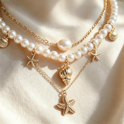 Gold Layered Necklaces for Women Chunky Stacked Necklaces for Women Trendy Retro Coin Pendant Necklace Womens Multilayer Chain Necklaces Fashion Jewelry Gifts - style: 3PCS Shell Necklace