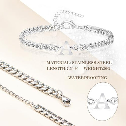 Initial Bracelet Matching Couple Bracelets Silver Letter A-Z Stainless Steel Cuban Link Chain Mens Bracelets Christmas Birthday Gifts for Men Women Him Teens Best Friends Husband Dad Son - color: L