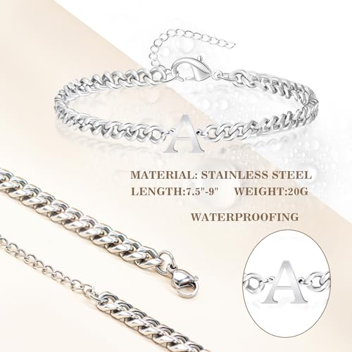 Initial Bracelet Matching Couple Bracelets Silver Letter A-Z Stainless Steel Cuban Link Chain Mens Bracelets Christmas Birthday Gifts for Men Women Him Teens Best Friends Husband Dad Son - color: N
