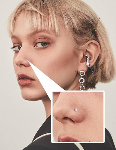 Akeoqi 15PCS G23 Titanium Nose Studs Ring L-Shaped Round CZ Ball Opal Star Heart Nose Studs Nostril Body Piercings Jewelry Set for Women Men Silver Gold Tone 20G 1.5mm 2mm 2.5mm 3mm 3.5mm